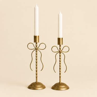 Gold Bow Taper Candle Holders – Set of 2