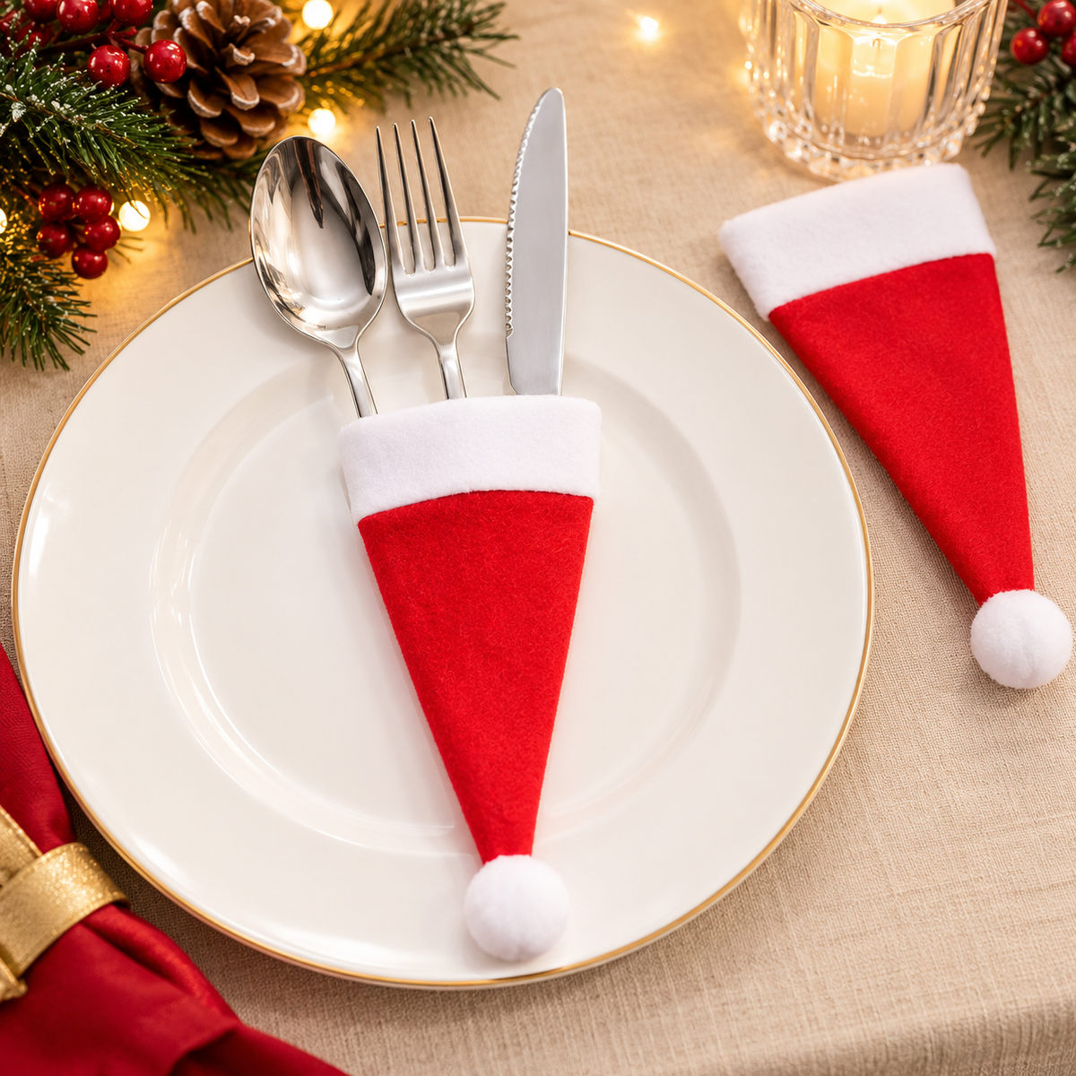 Christmas Silverware Holder Set — Mini Santa Table Décor (6 pcs)