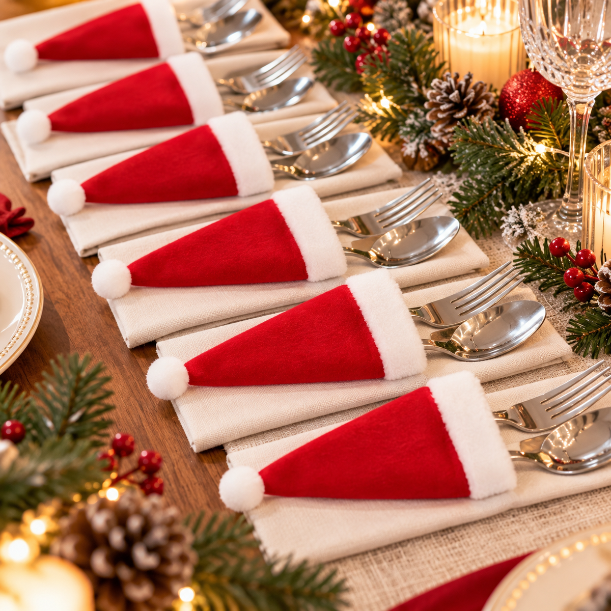 Christmas Silverware Holder Set — Mini Santa Table Décor (6 pcs)