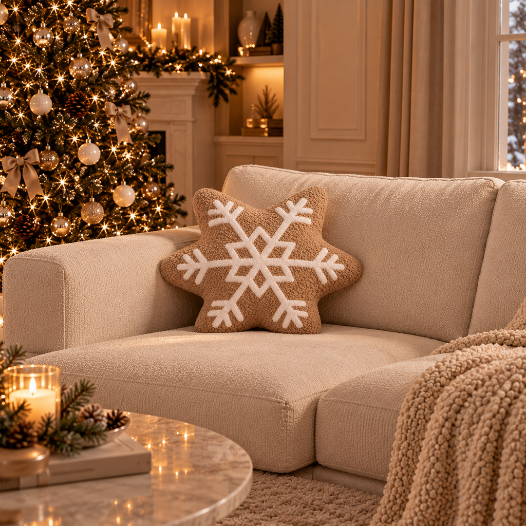 Filled Snowflake Cushion – Beige & White Christmas Decoration