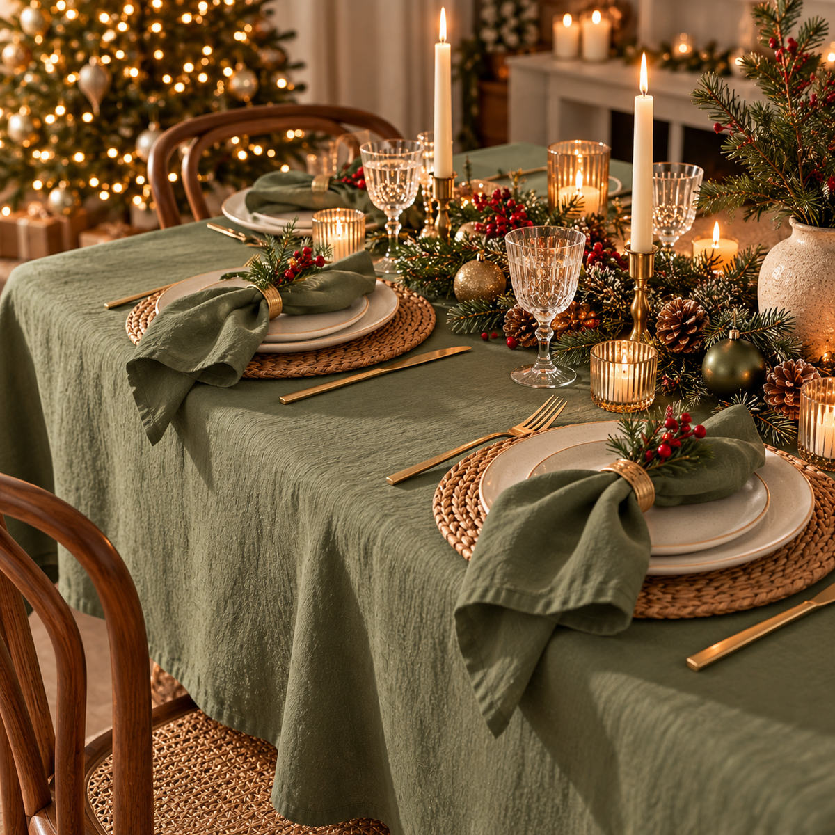 Olive Green Linen Tablecloth