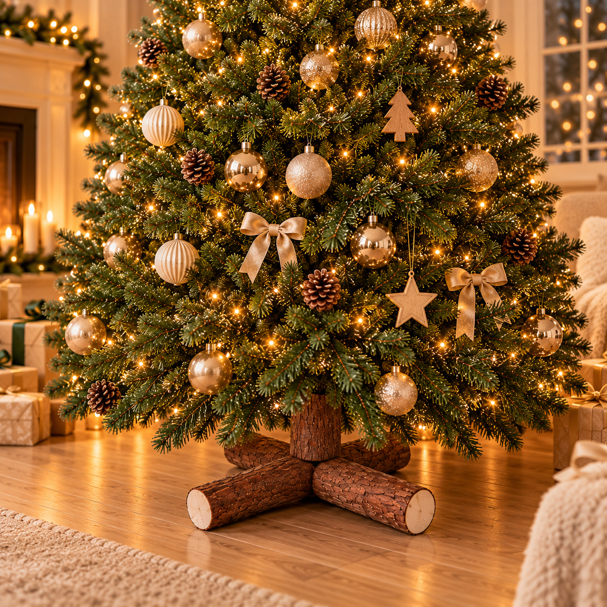Rustic Log Christmas Tree Stand – Natural Wood with Bark