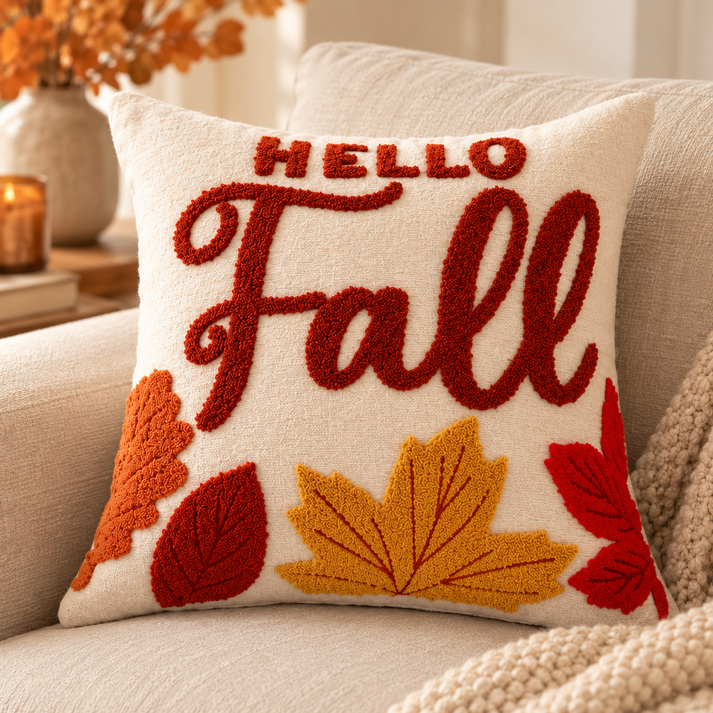 Hello Fall Autumn Leaves Cushion Cover