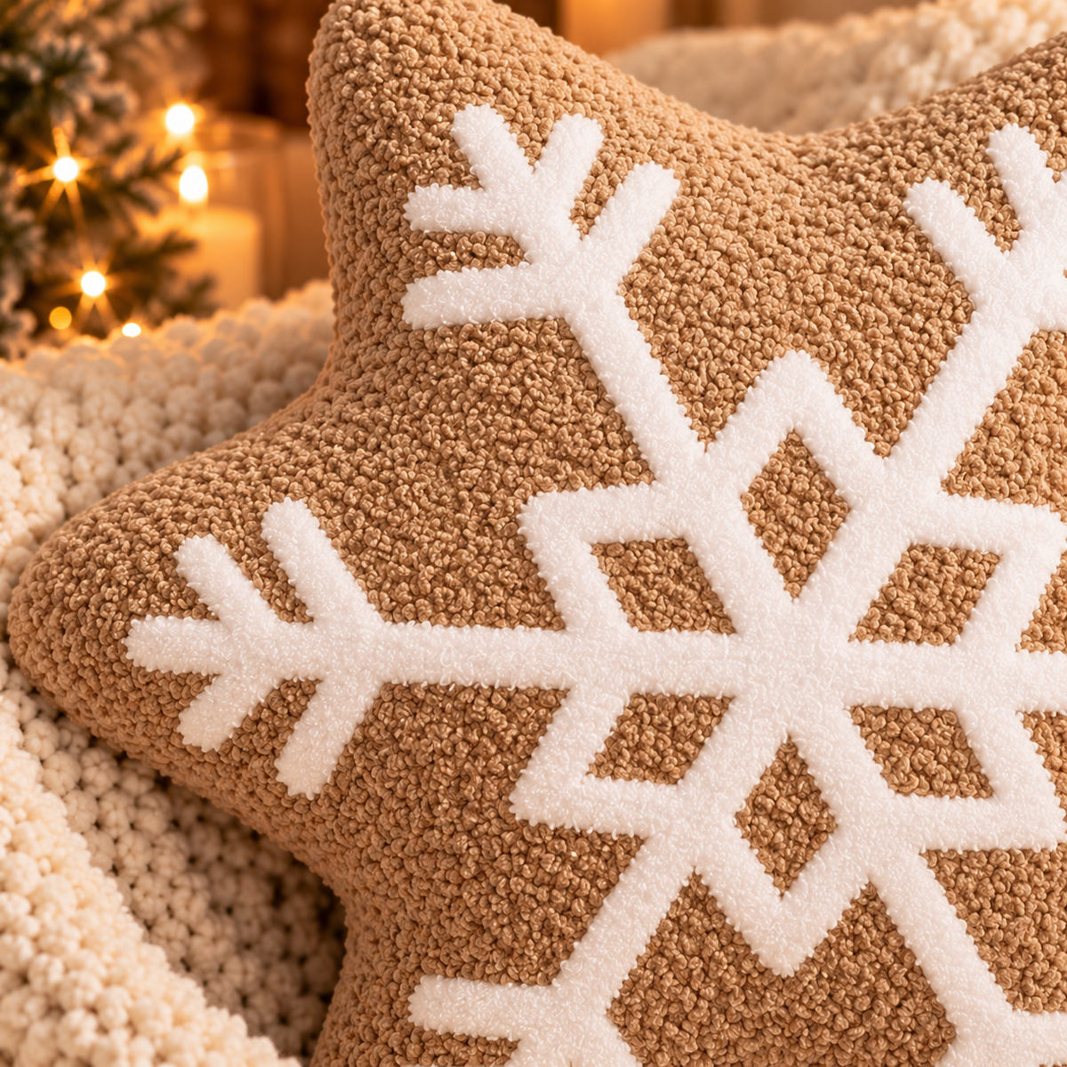 Filled Snowflake Cushion – Beige & White Christmas Decoration