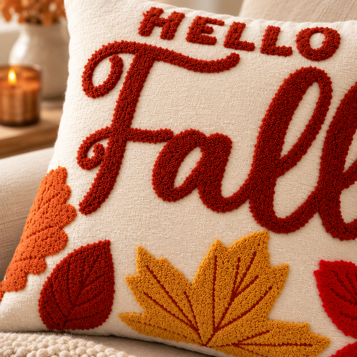 Hello Fall Autumn Leaves Cushion Cover