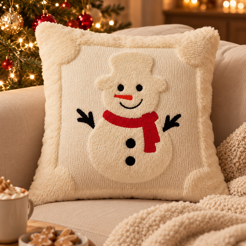 Fluffy Snowman Christmas Cushion Cover