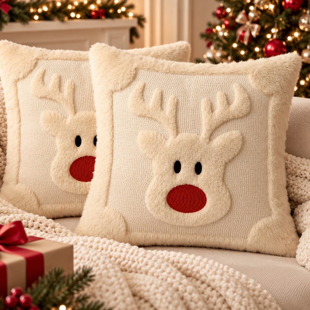 Fluffy Reindeer Christmas Cushion Cover