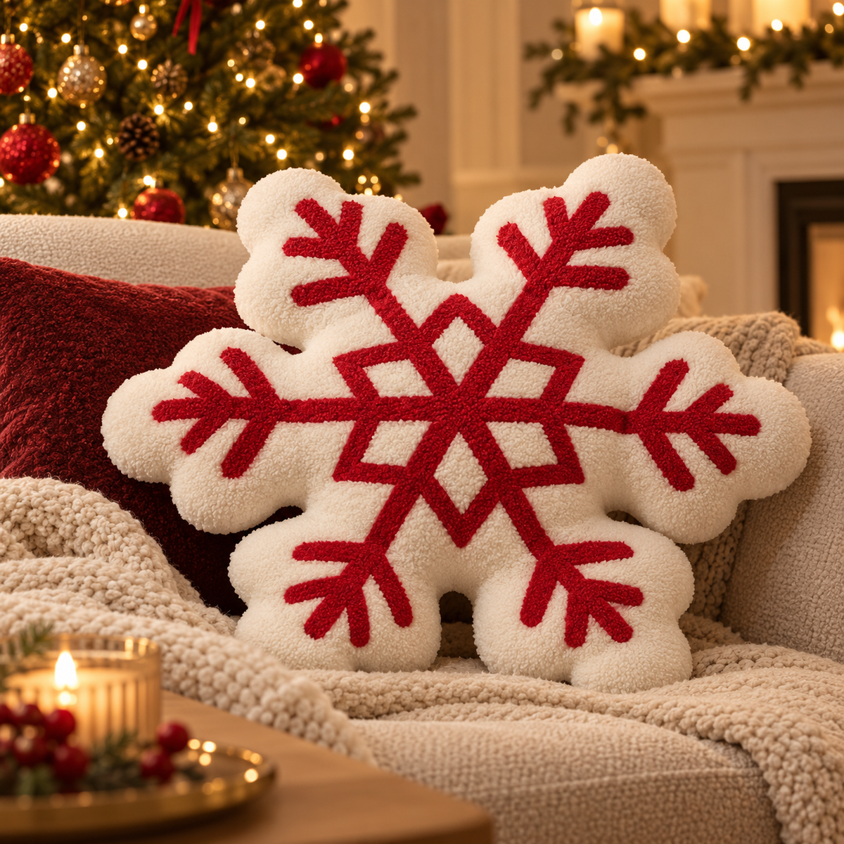 Filled Snowflake Cushion – White & Red Christmas Decoration