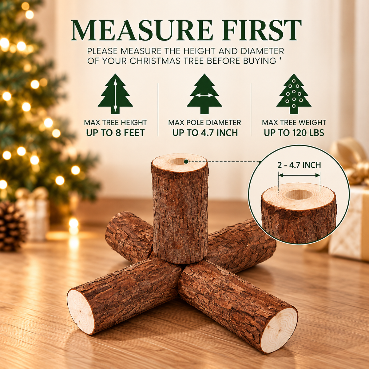 Rustic Log Christmas Tree Stand – Natural Wood with Bark