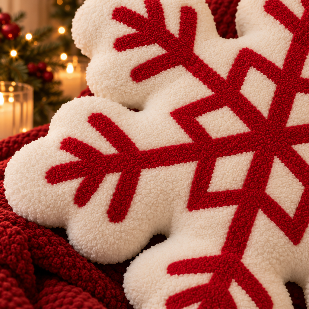 Filled Snowflake Cushion – White & Red Christmas Decoration