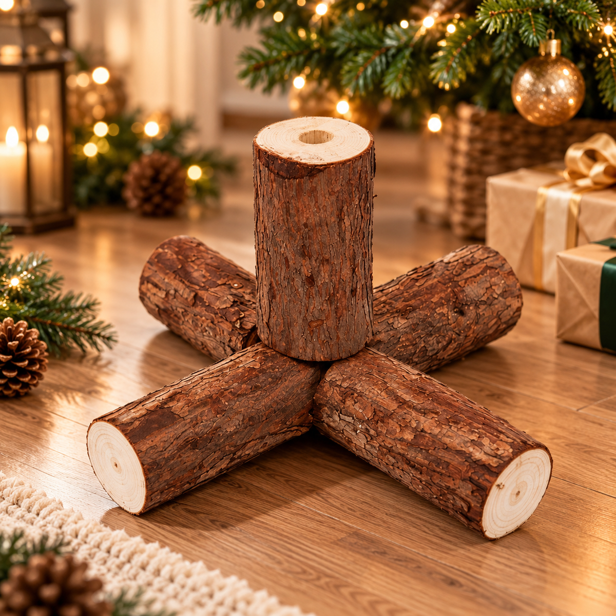 Rustic Log Christmas Tree Stand – Natural Wood with Bark