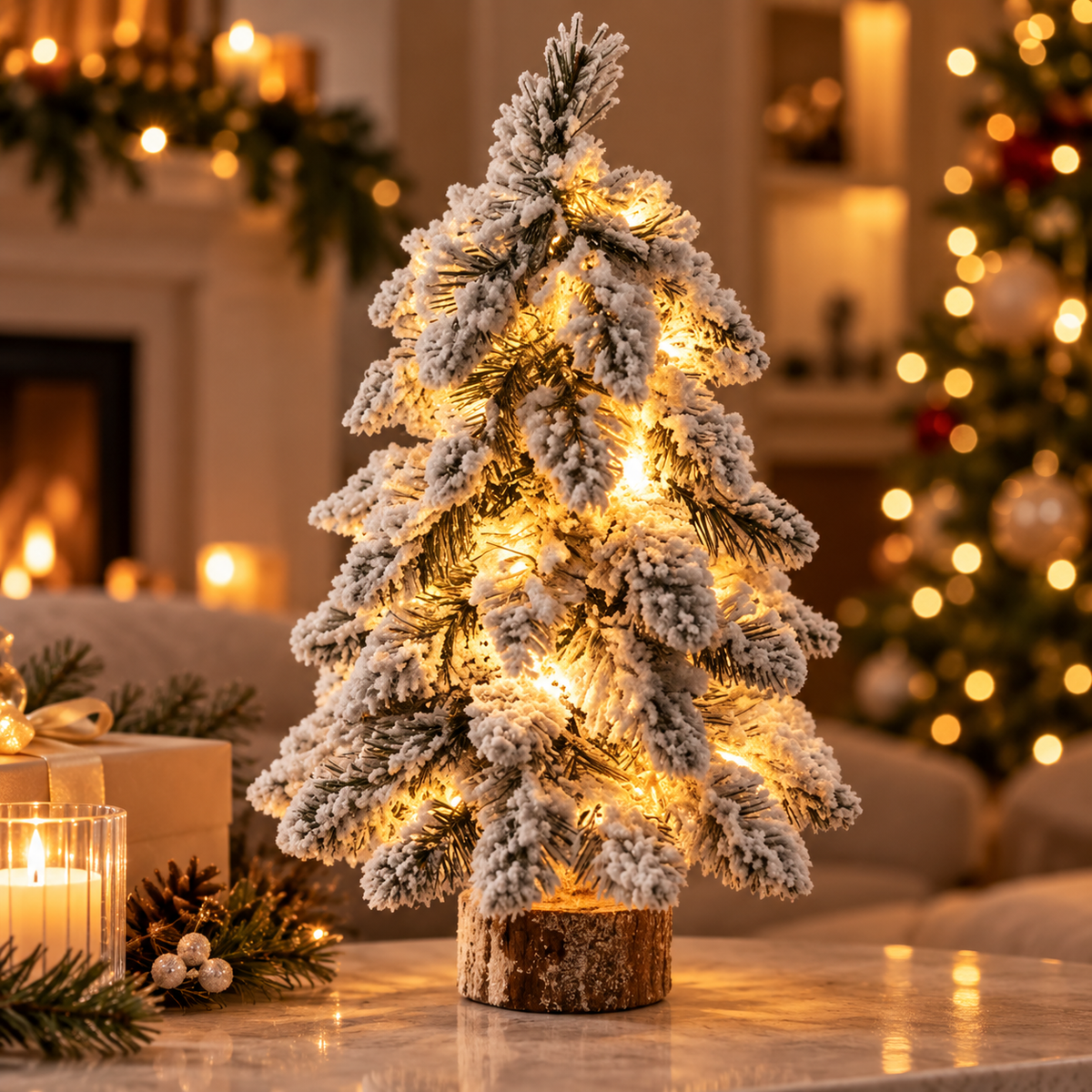 Snowy Mini Christmas Tree Decoration with LED Lights