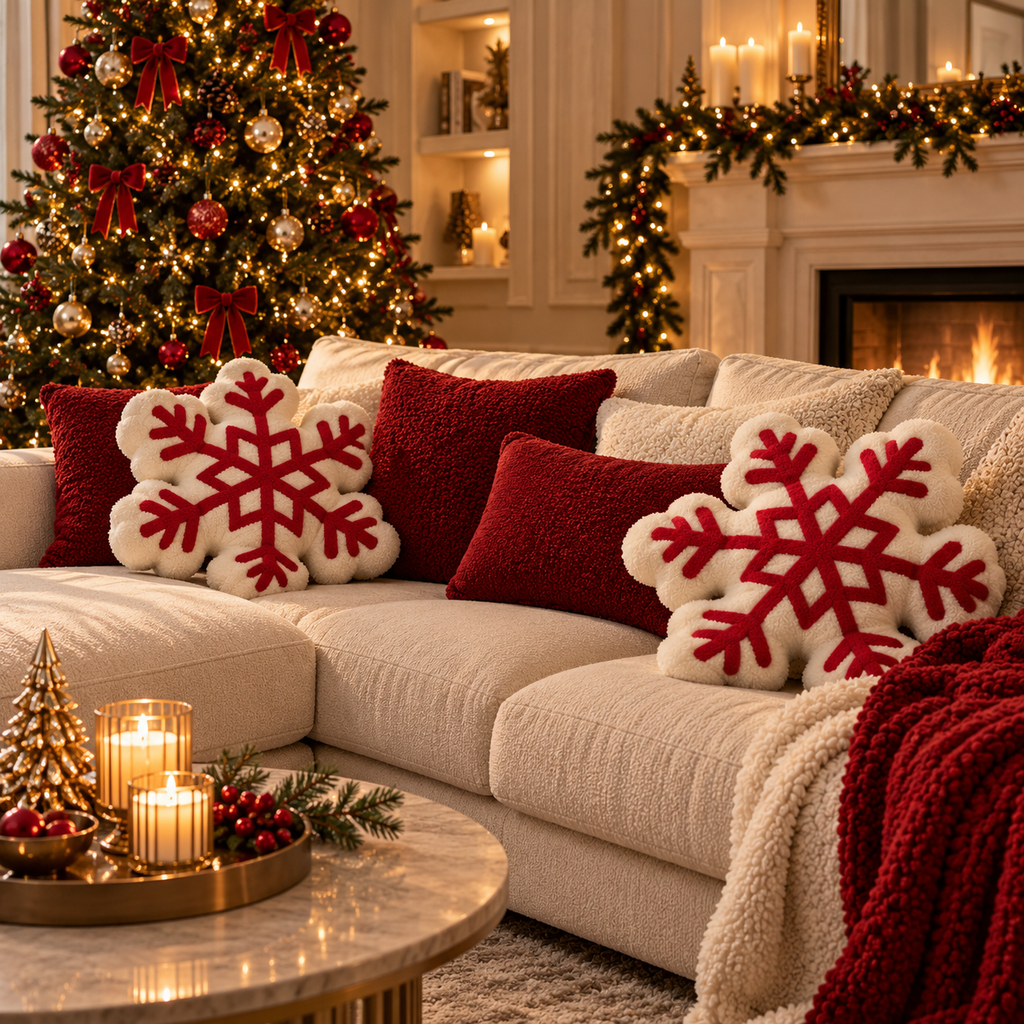 Filled Snowflake Cushion – White & Red Christmas Decoration