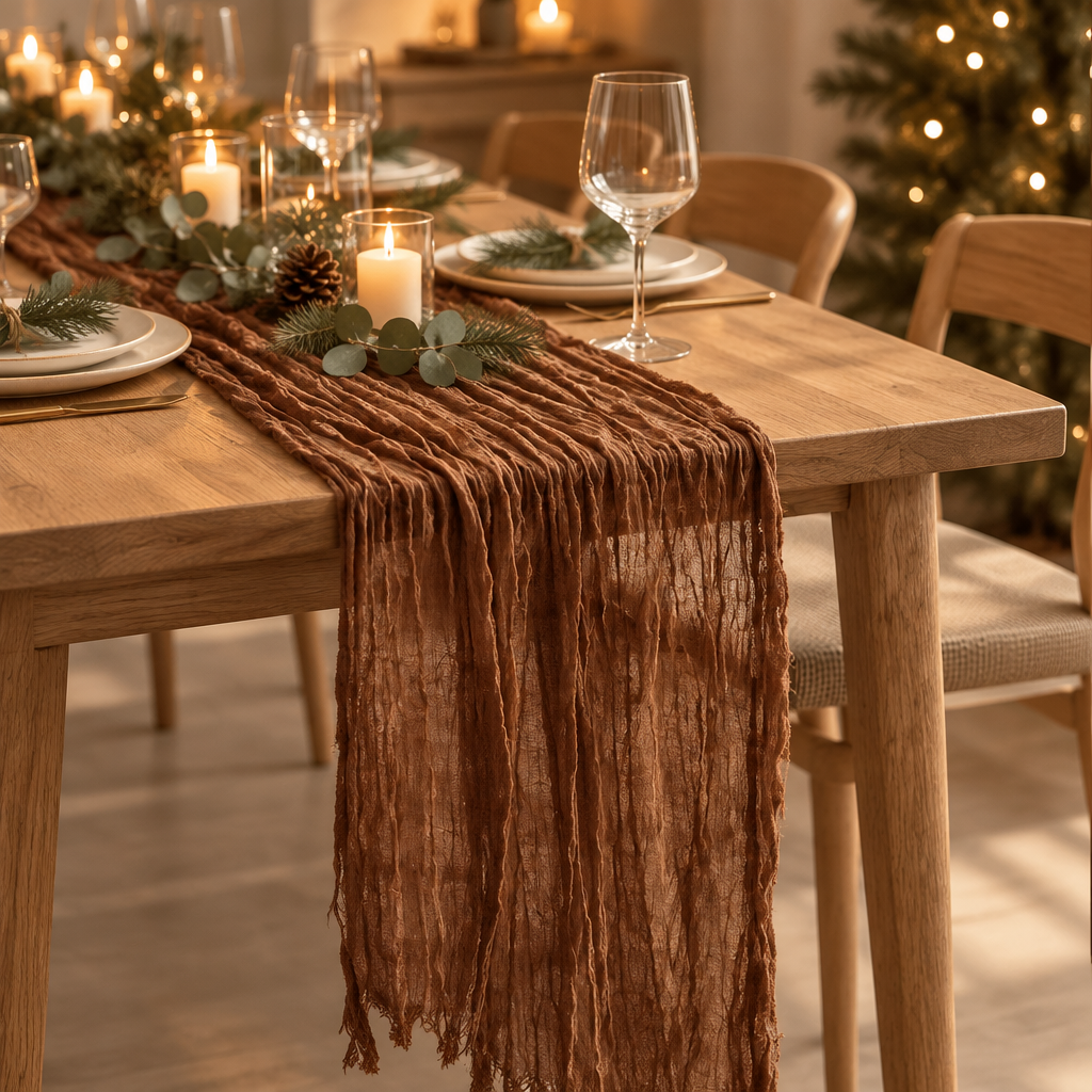 Cheesecloth table runner on a Christmas dinner table with candles