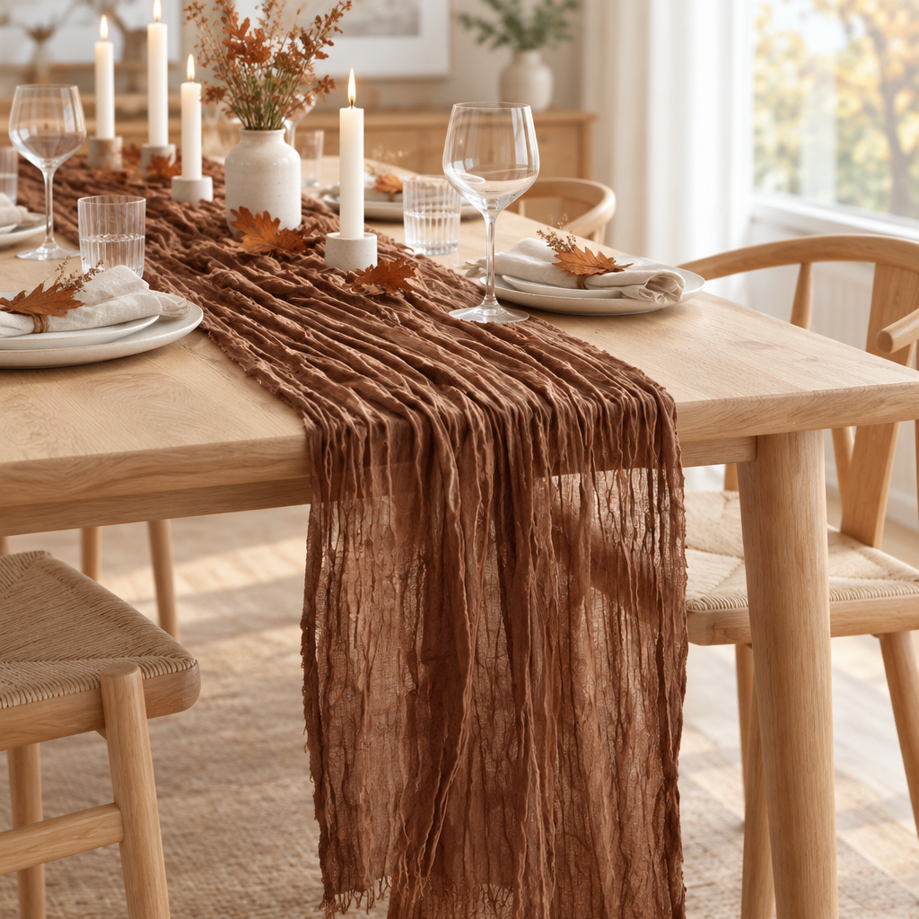 Caramel brown cheesecloth table runner on an autumn dining table