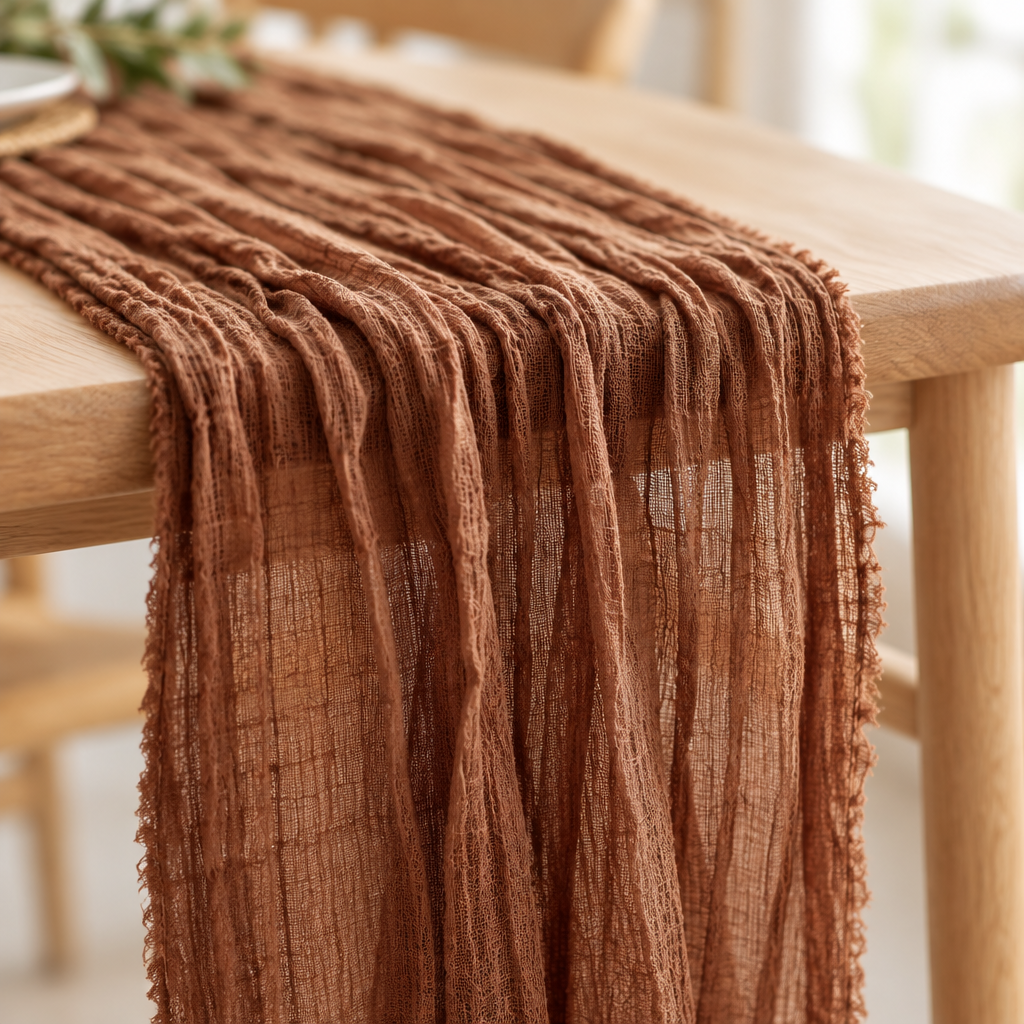 Close-up of crinkled cheesecloth texture and frayed edge