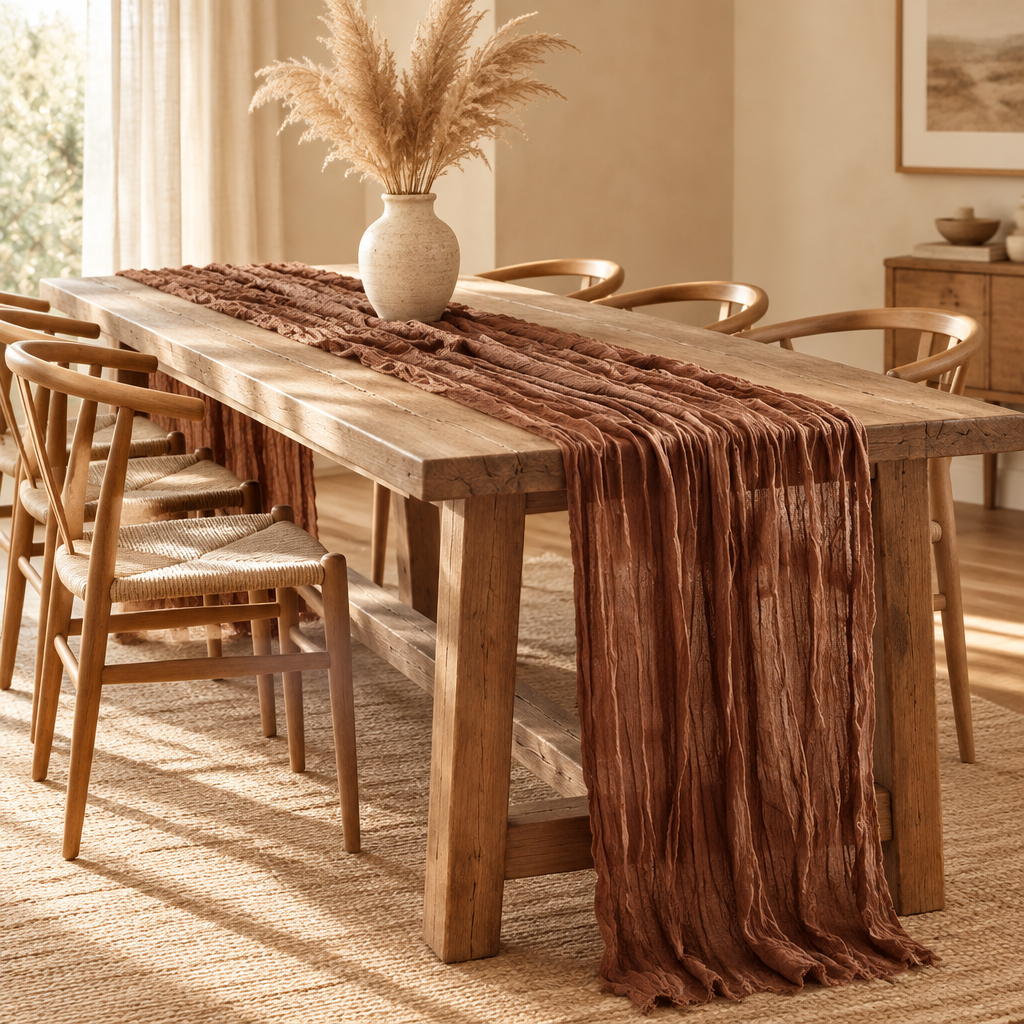Long cheesecloth table runner draped over a wooden dining table