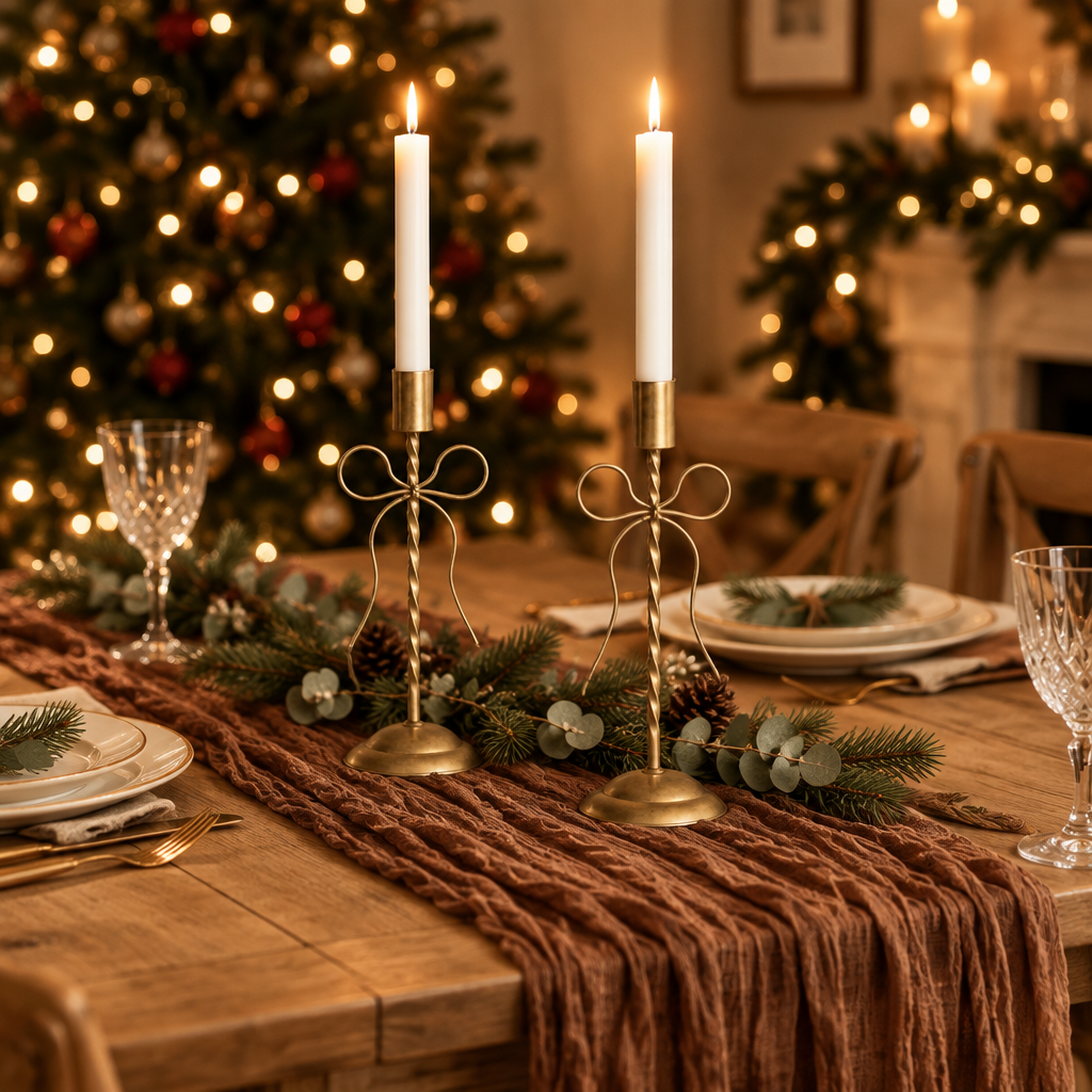 Gold bow candle holders with lit candles on a Christmas dinner table