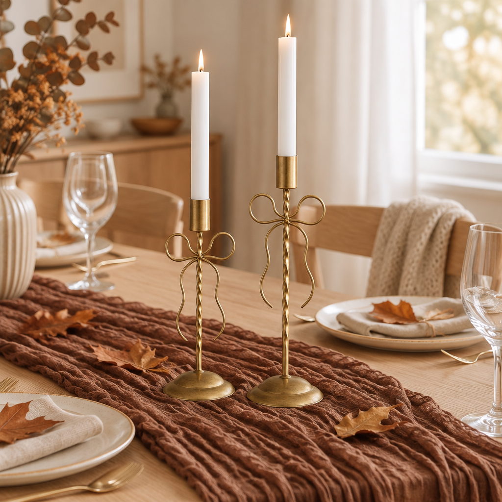 Gold bow candle holders on a caramel cheesecloth table runner on an autumn table