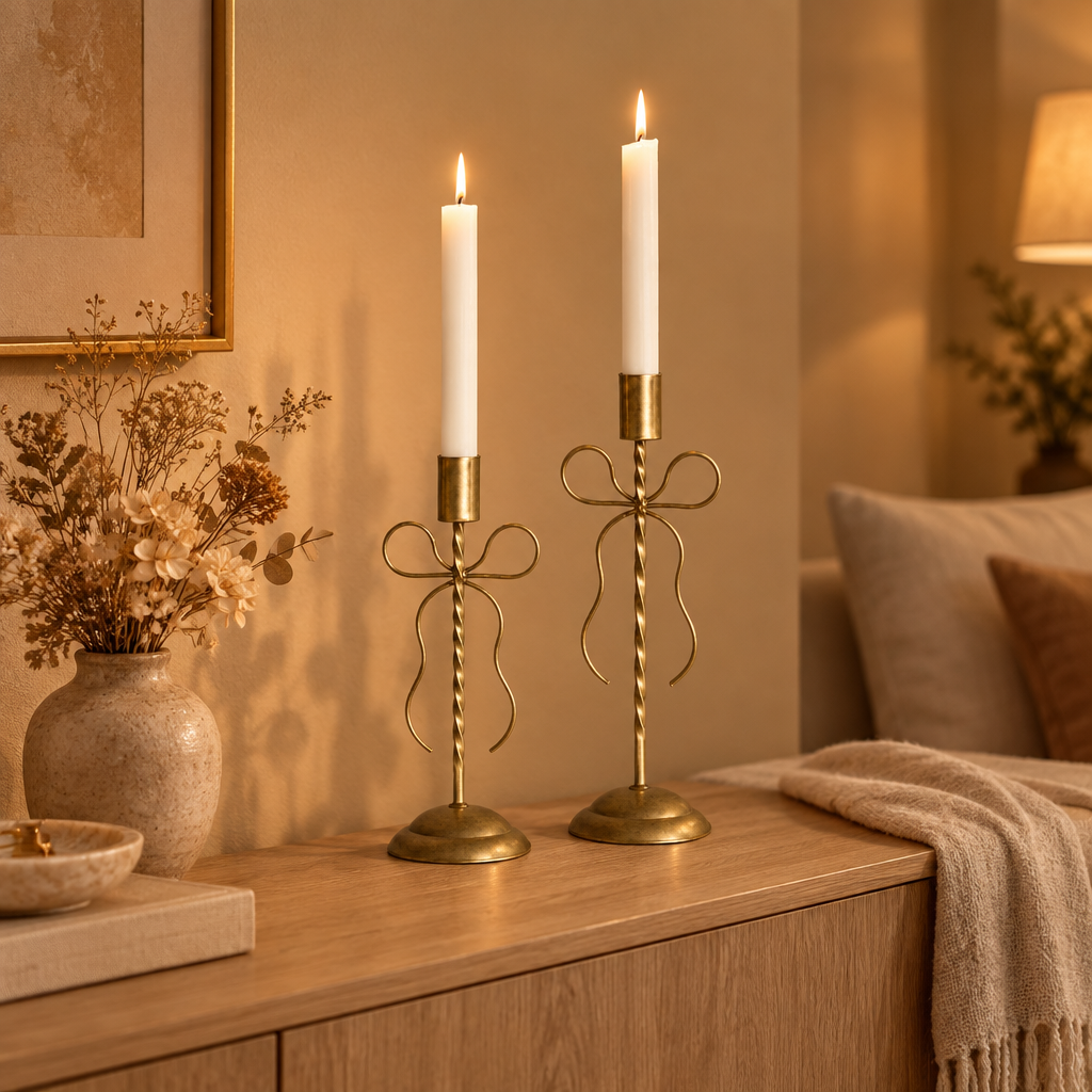 Gold bow candle holders styled on a wooden sideboard