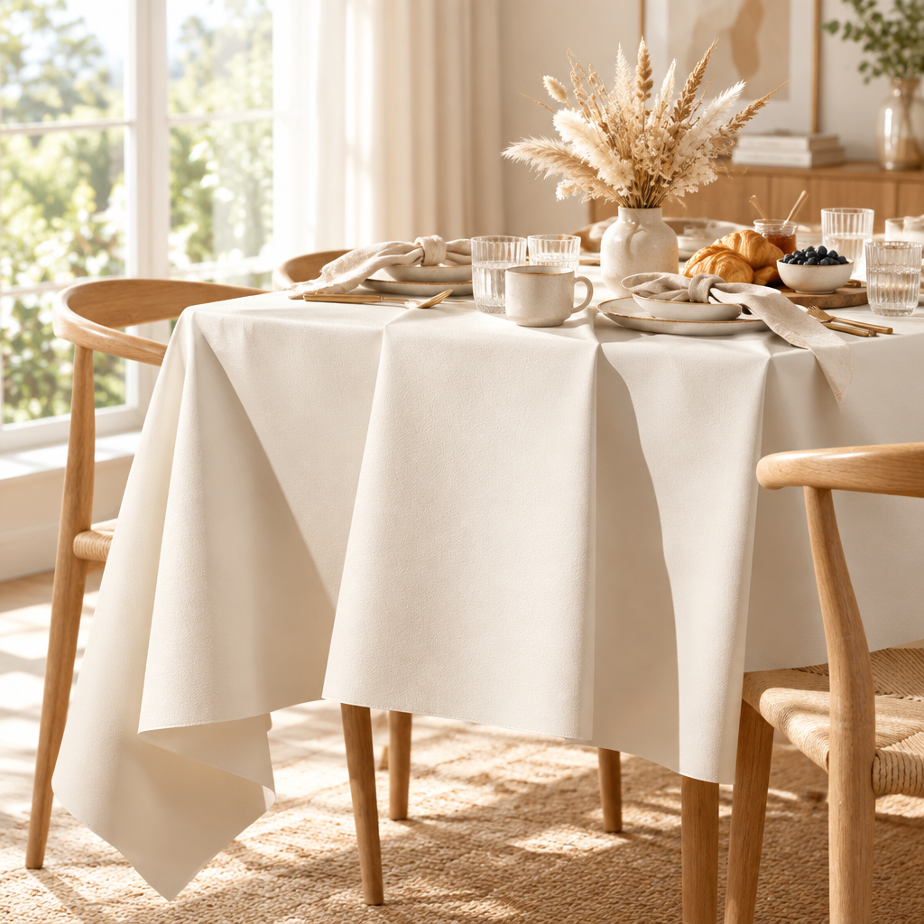 Cream tablecloth on a bright brunch table