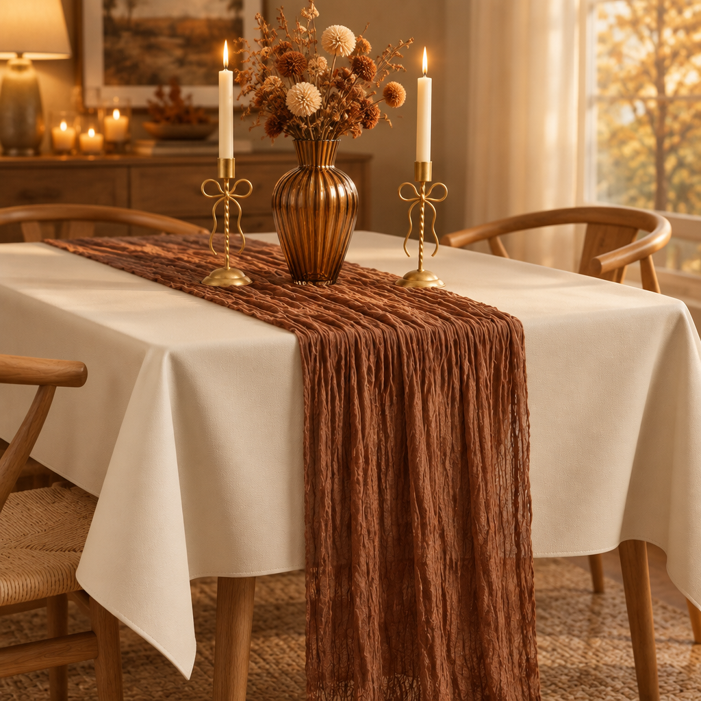 Cream faux leather tablecloth with caramel table runner, gold bow candle holders and amber vase