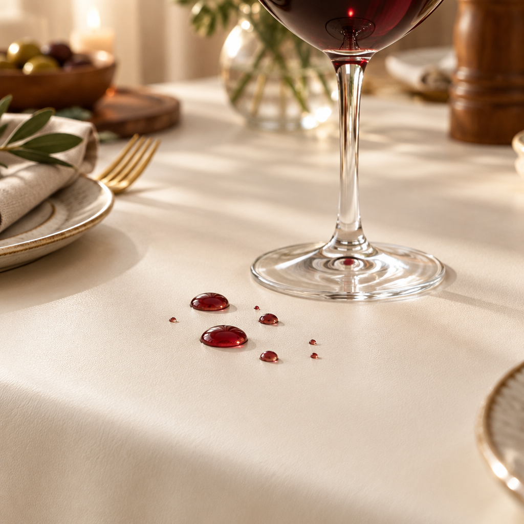 Wine drops beading on the waterproof cream tablecloth