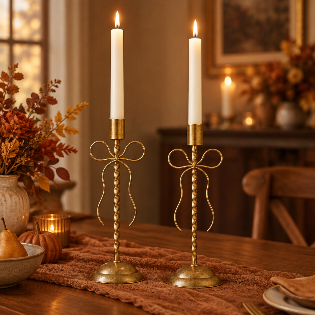 Two lit ivory dinner candles in gold bow candle holders on an autumn table