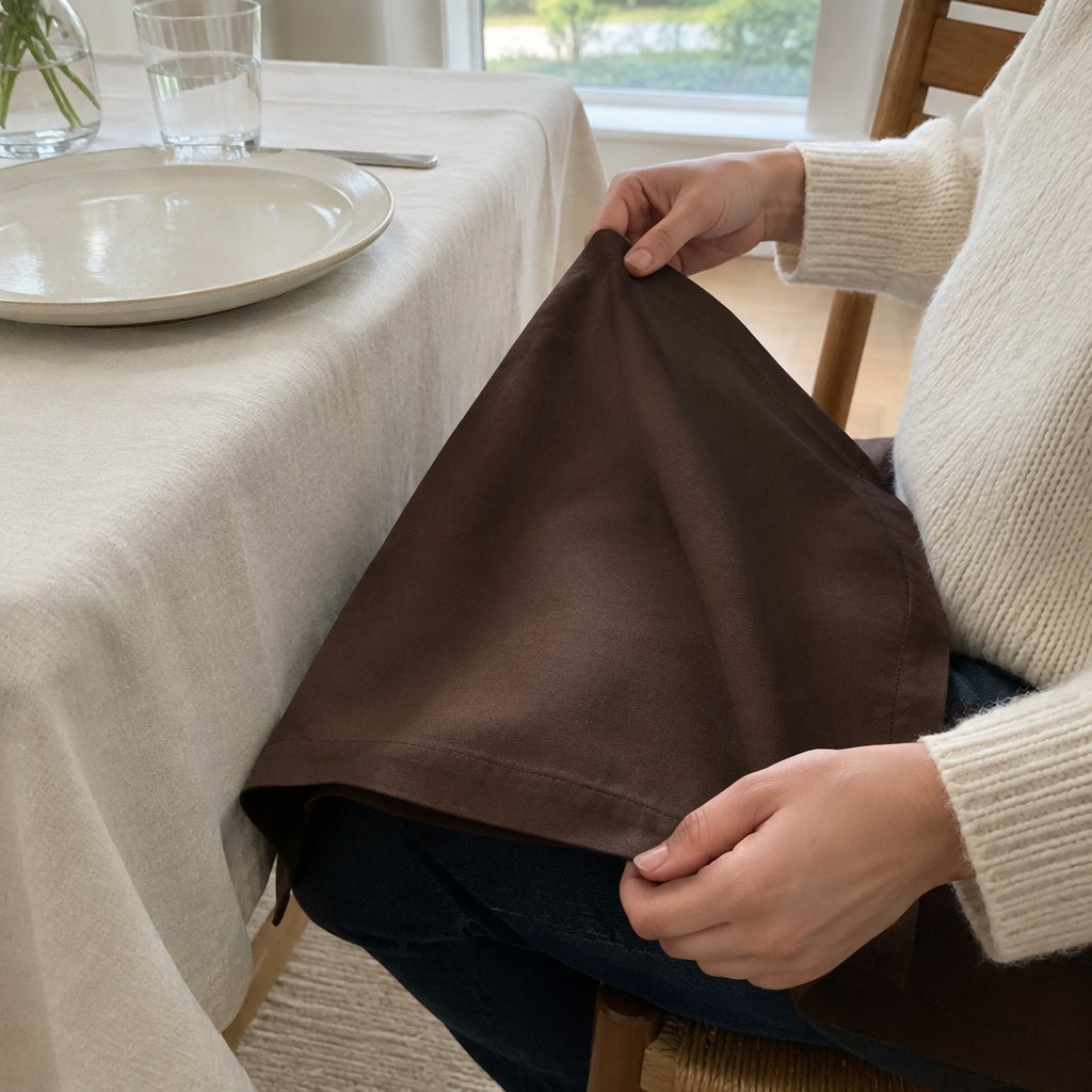 Chocolate brown cotton napkin unfolded on a lap at a dinner table in daylight