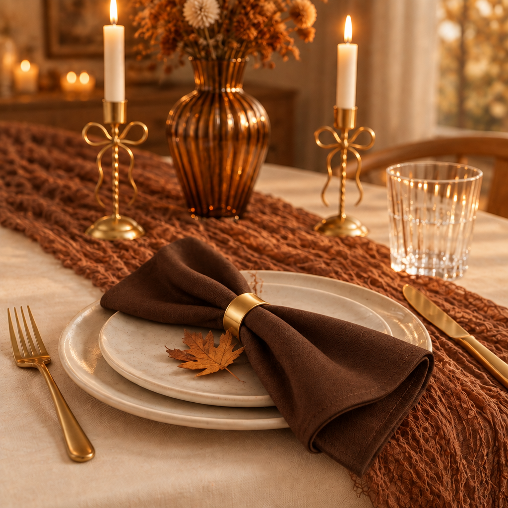 Chocolate brown cotton napkin in a gold napkin ring on an autumn place setting