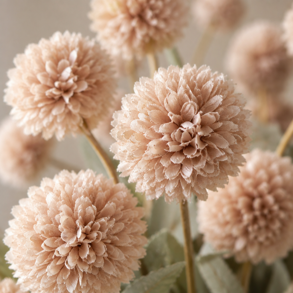 Close-up of blush pompom faux flower heads