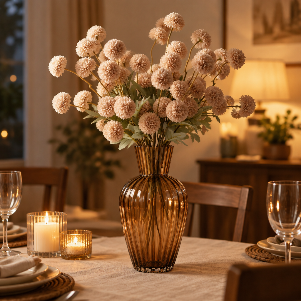 Blush pompom faux flowers in an amber vase on a dining table in evening light