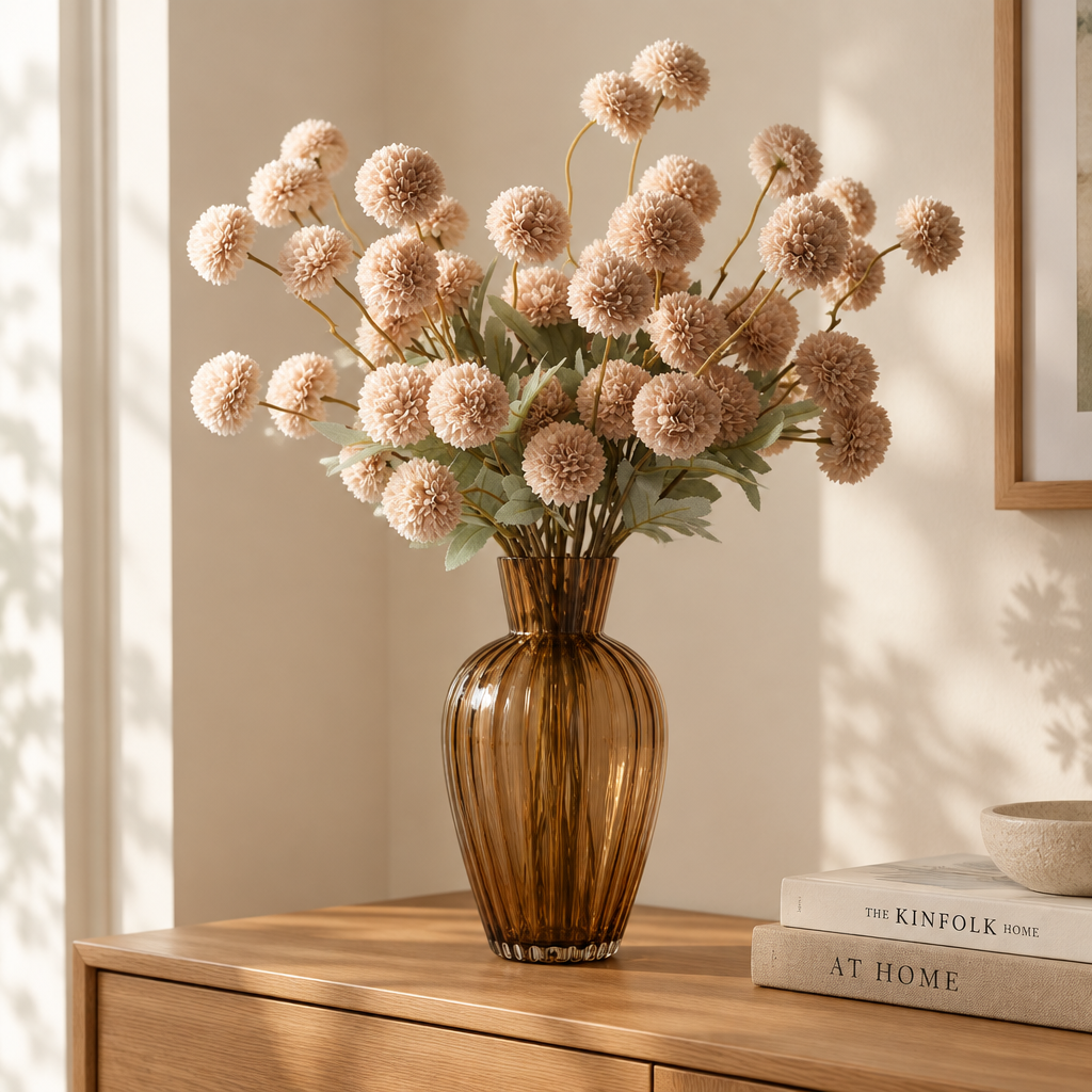Blush pompom faux flowers in an amber ribbed glass vase on an oak sideboard