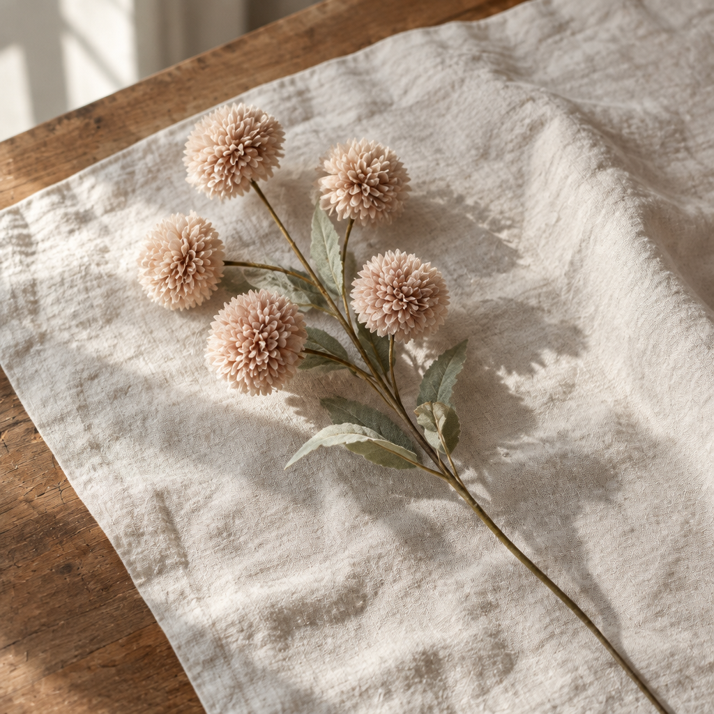 Single blush pompom faux flower stem on cream linen