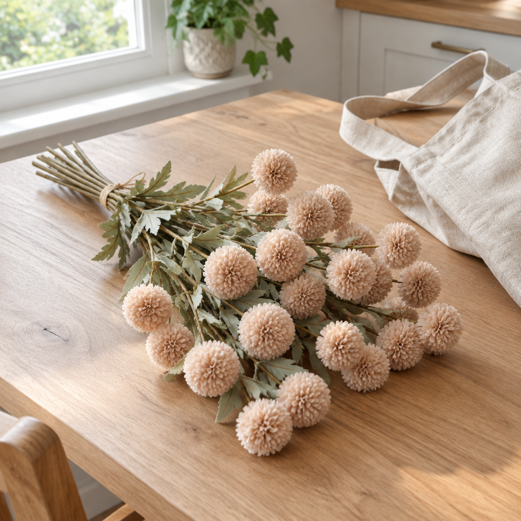 Bundle of blush pompom faux flower stems on an oak table