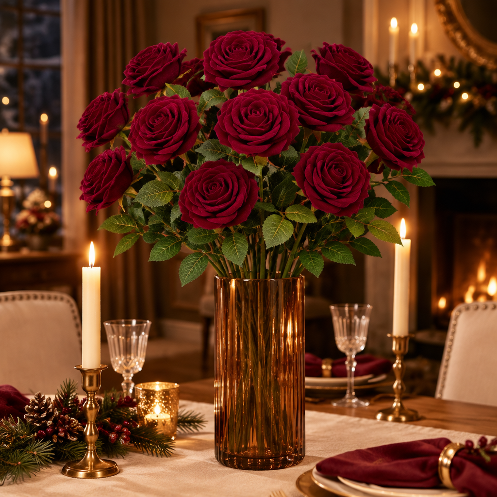 Red velvet long stem roses in amber glass vase on festive dining table
