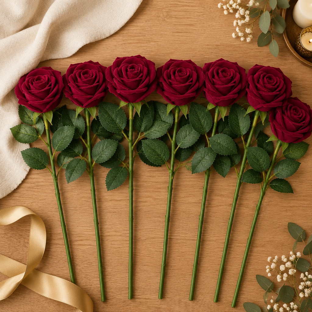Row of red velvet long stem roses on oak table
