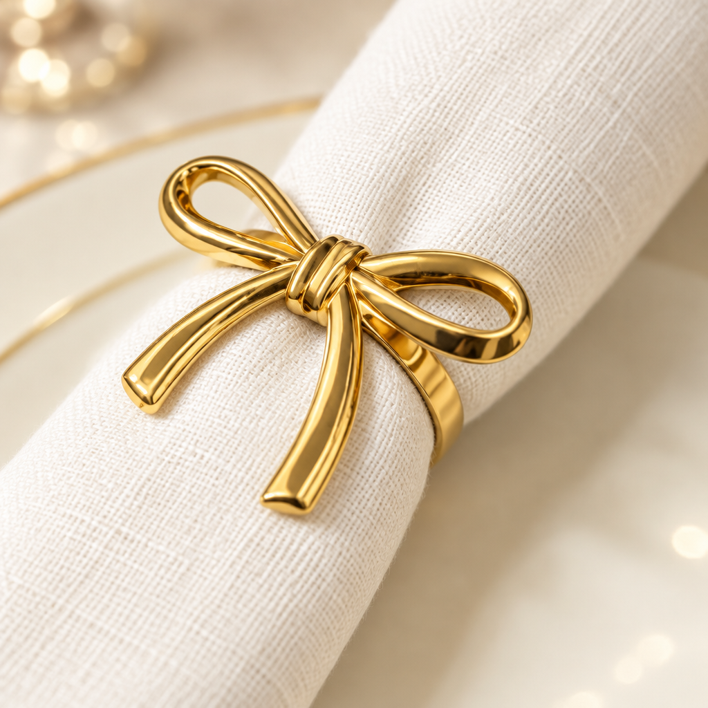 Close-up of gold bow napkin ring