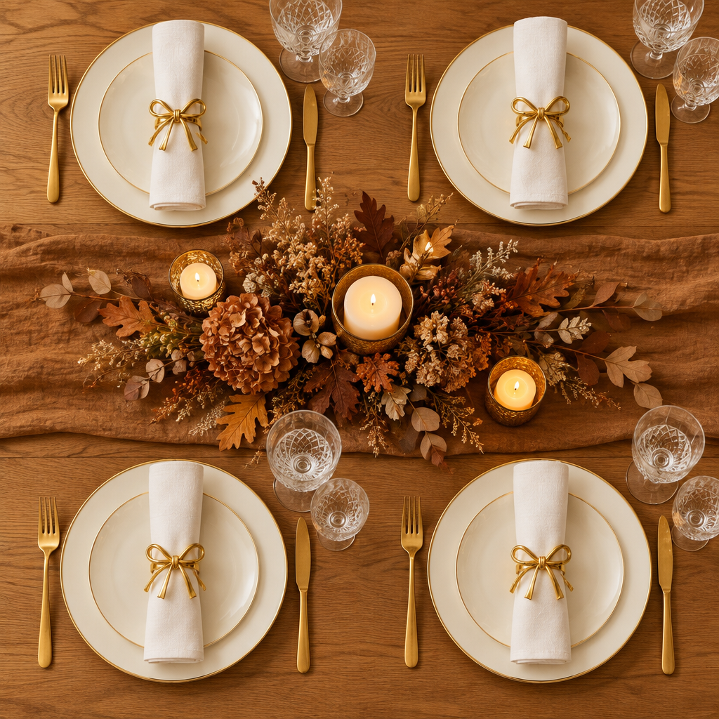 Dinner table for four with gold bow napkin rings