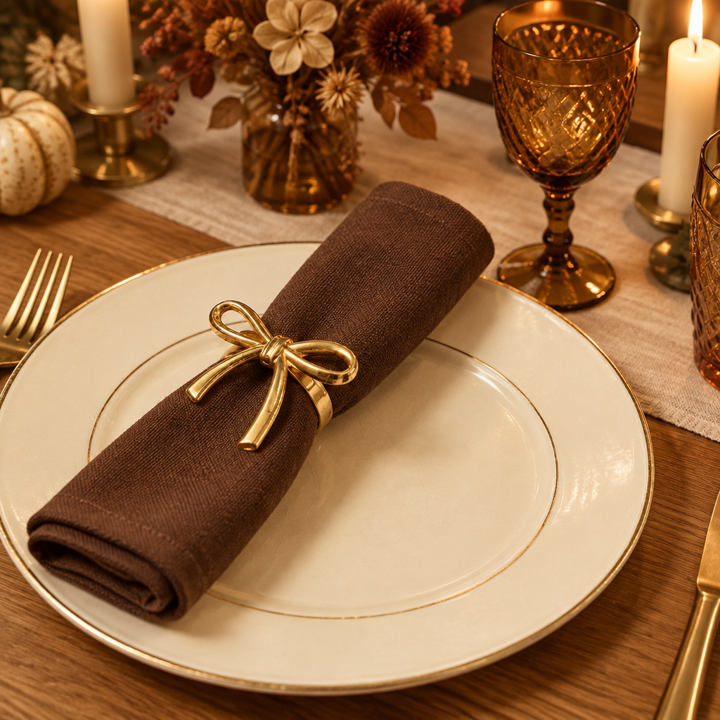 Gold bow napkin ring with chocolate brown napkin on autumn table