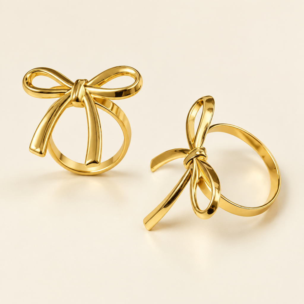 Gold bow napkin rings on cream background