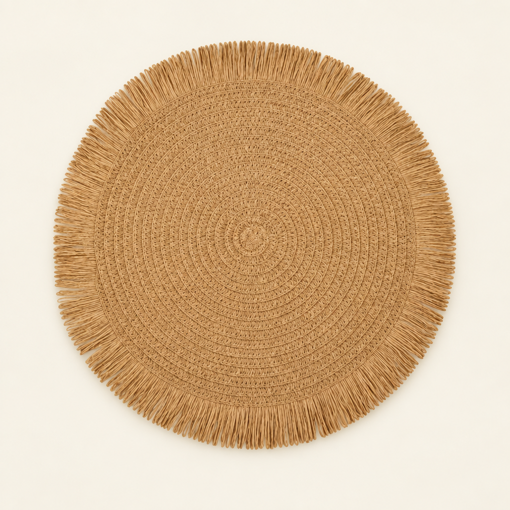 Round woven caramel placemat with fringe on cream background