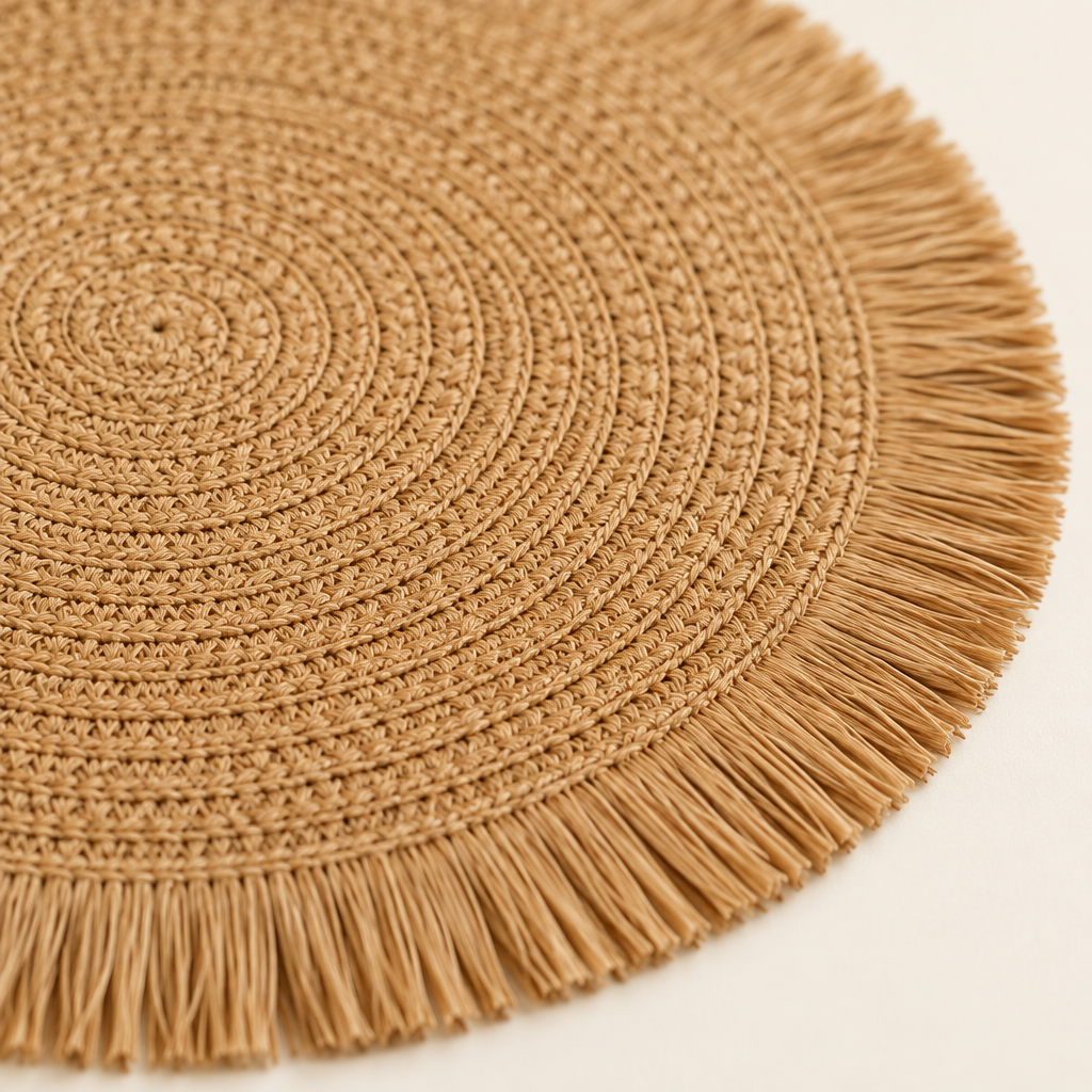 Close-up of woven texture and fringe of caramel placemat