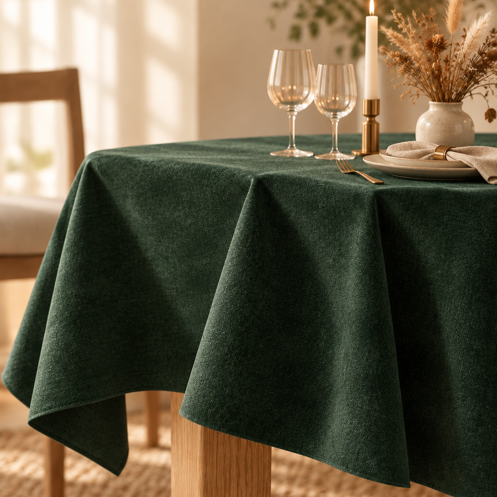 Emerald green chenille tablecloth on a dining table