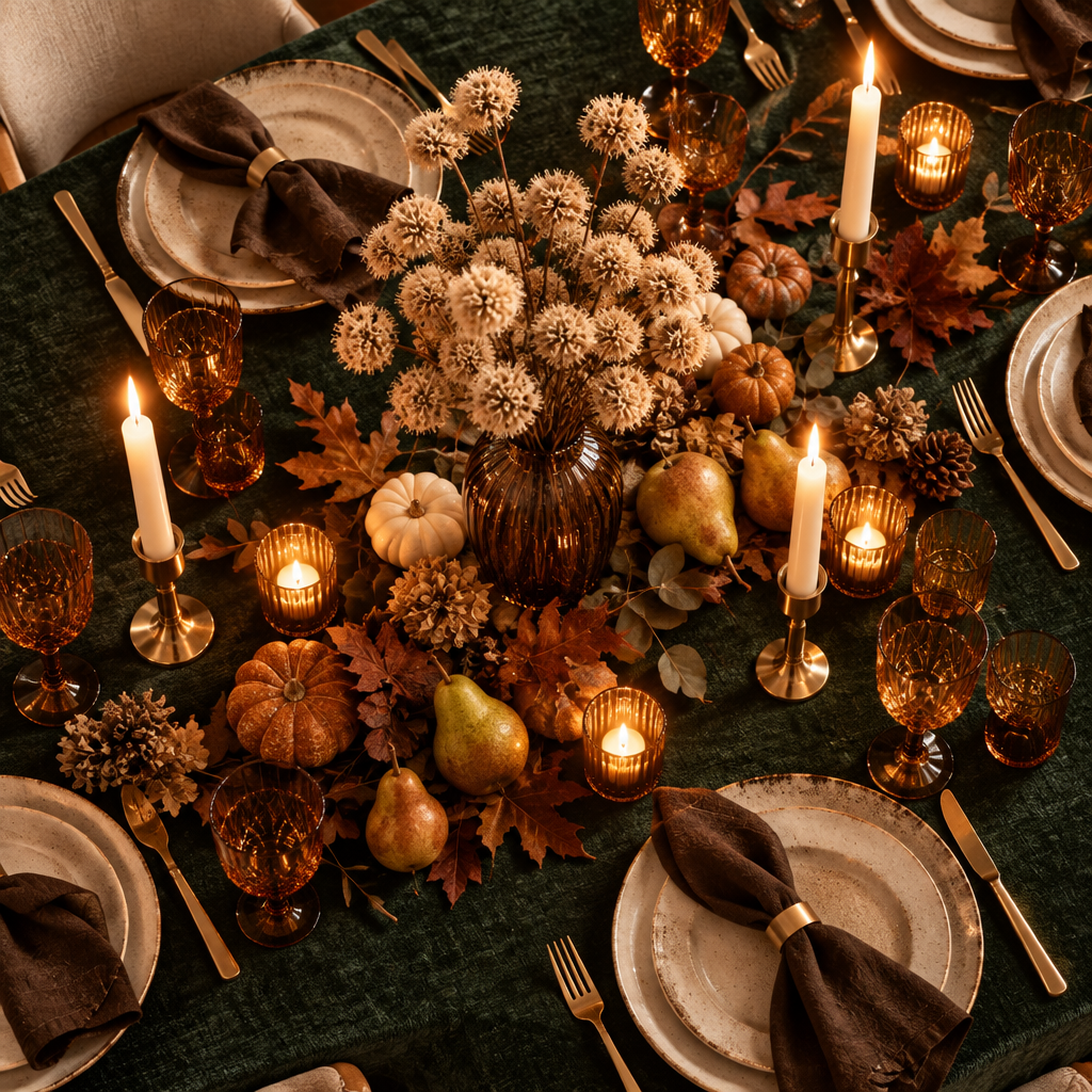 Autumn dinner table with emerald green chenille tablecloth