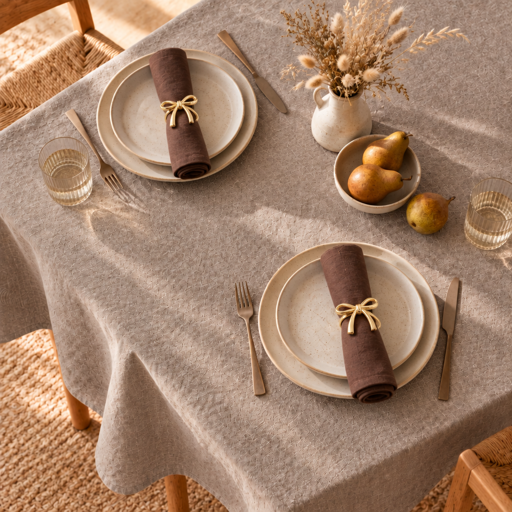 Autumn brunch table with taupe linen tablecloth and gold bow napkin rings